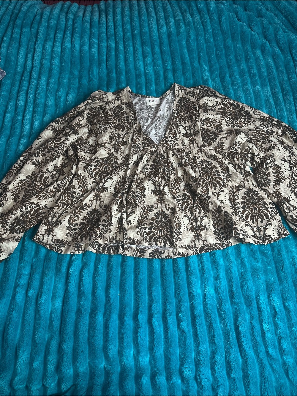 BiBi Brown and Cream Damask V-Neck Blouse